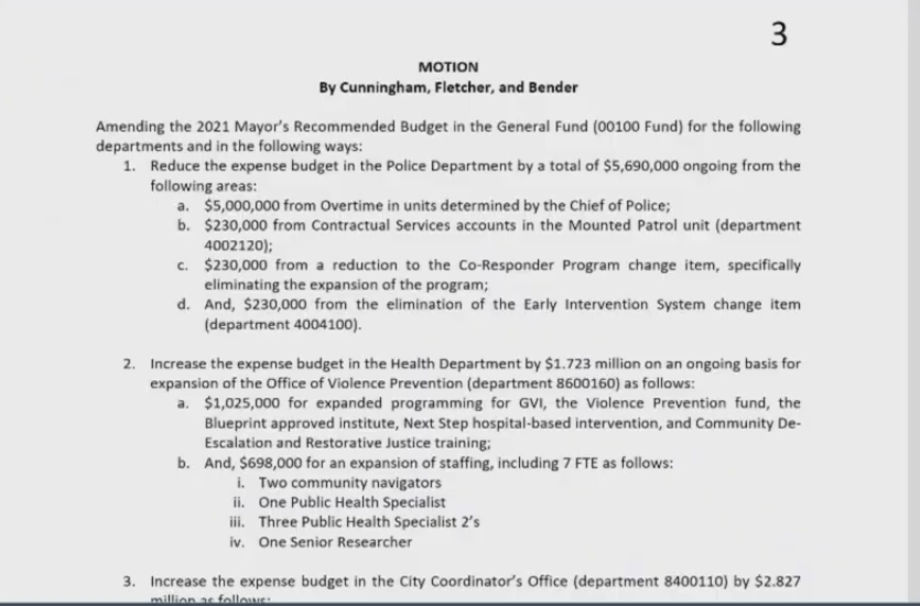 Amendment from Cunningham, Bender, and Fletcher.Council President Bender: "these are real and specific proposals that are ready to go next year." There's more to do, but this is what's ready and in need of investment.