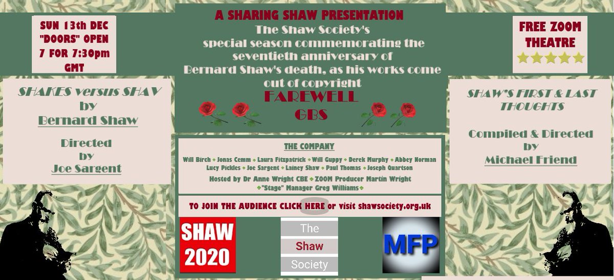 Take a look at the fabulous #FarewellGBS company

#ShakesVsShav directed by <a href="/joesargent87/">Joe Sargent</a> 
&amp;
Michael Friend  has compiled &amp; directed 'Shaw's First and Last Thoughts' 

Thanks to #BabelColour (<a href="/StuartHumphryes/">BabelColour</a>) for the use of his vibrant colour #GBS image.

<a href="/SupportBritish/">U.K. Actors Support Network</a> #GBShaw