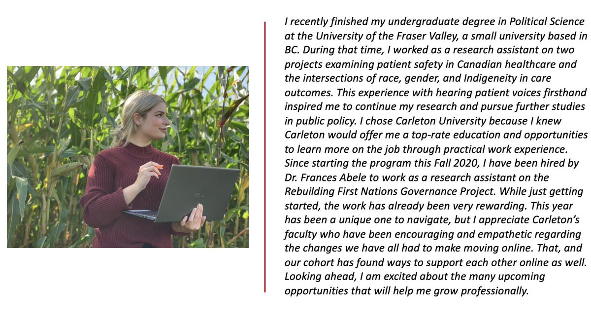 CarletonSPPA's tweet photo. 3. In conjunction with her studies, Jules Morden has found rewarding work with Dr. Frances Abele as a research assistant on the Rebuilding First nations Governance Project. #SPPAcurrentstudents @FPACarleton @CUGradStudies #SPPAfuturestudents https://t.co/thjfuR4Tya