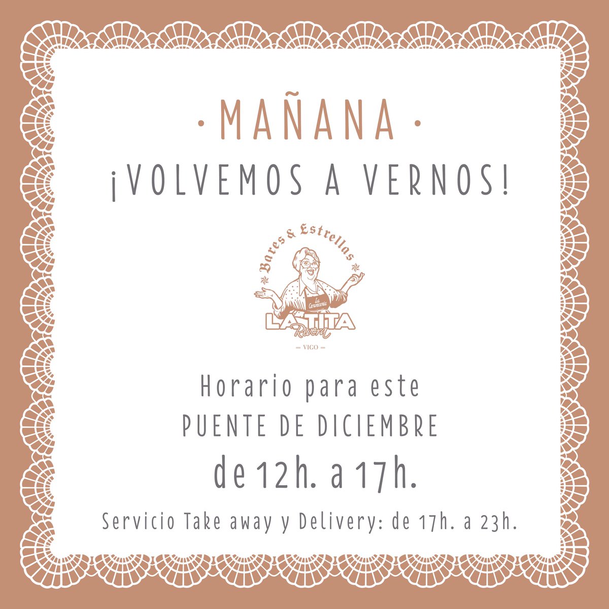 ¡Mañana volvemos a vernos! Abrimos de 12 a 17h y luego, tenéis nuestro servicio takeaway y delivery. ¡Te esperamos!

#LaTitaRiveraVigo #cerveceria #Vigo #puentedediciembre #Galicia