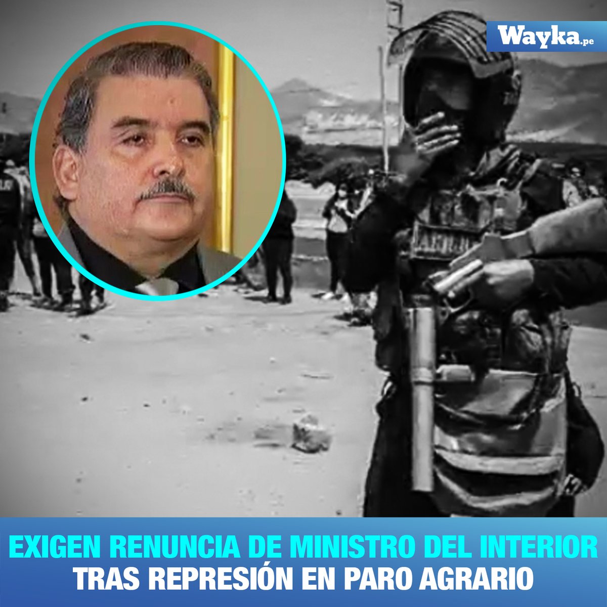 WaykaPeru's tweet photo. Tras confirmarse la primera muerte del #ParoAgrario, la Coordinadora Nacional de Derechos Humanos (@cnddhh) exige investigación de los hechos y la renuncia inmediata del ministro del Interior (@MininterPeru), Cluber Fernando Aliaga Lodtmann. https://t.co/jJQR2yxUz6