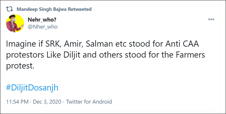 Salman, SRK and Amir will loose audience by standing with Anti-CAA protests. Diljit will loose audience if he, and other artists, don't stand with farmers. Doesn't matter whether he understands the cause or not.