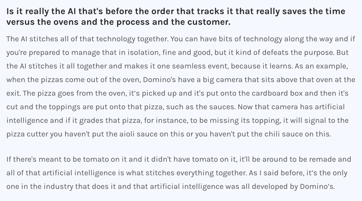 Domino's have cameras on the ovens to detect incomplete orders and automatically notify workers to improve efficiency