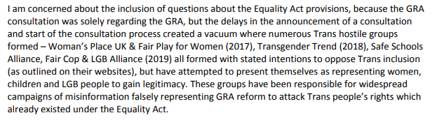 Submission 0107 (which is superb) calls out both the groups listed by the gender criticals, the original consultation, the delays and the current inquiry questions in one go. Thank you for this - it desparately needed saying.