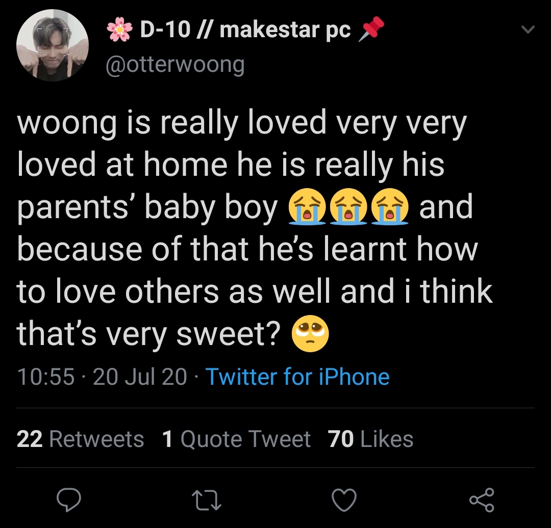 Woong's family - he is the youngest of his family and has 2 older brother - he mentioned multiple times that as a kid as he was the youngest, he recieved lots of love from his parents and he said this is how he was taught how to love others as well <//3