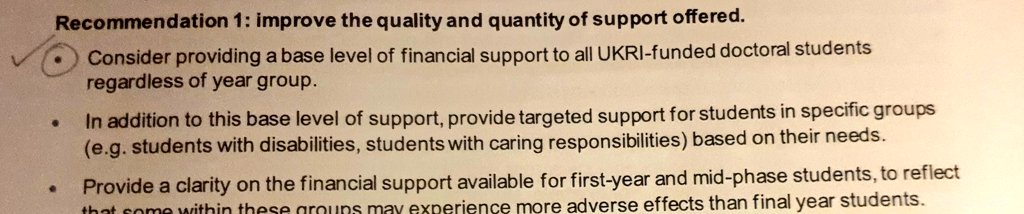 One of the other fun things about this NatCen report is that it was presented to UKRI on 25th September. That means the funder of 25% of UK PhD students took a further month and a half to ignore this NatCen recommendation and instead offer, er, naff all.