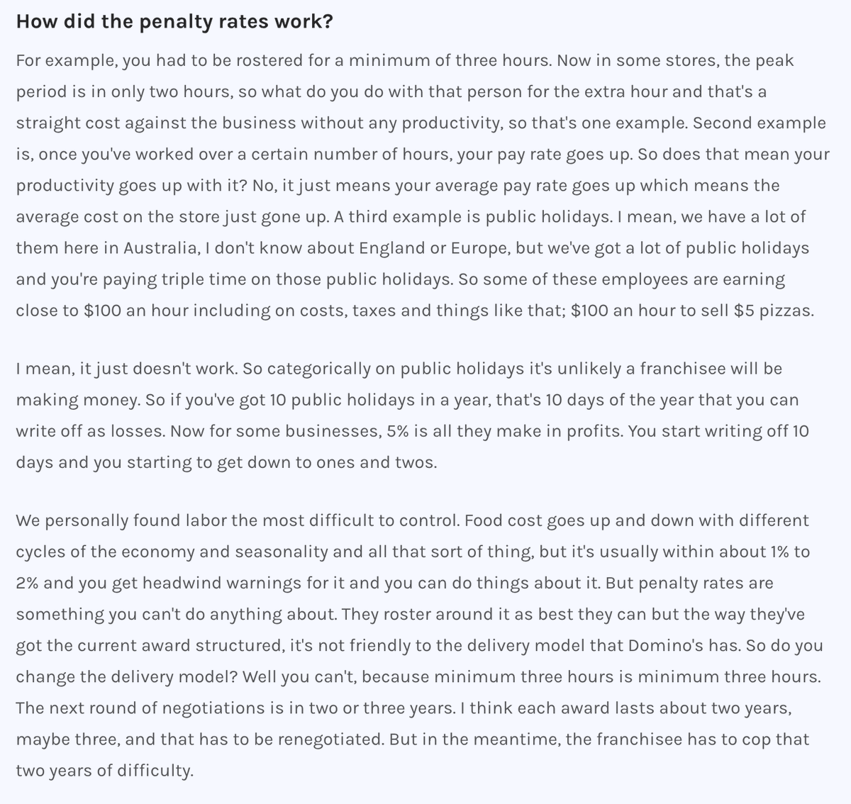 Penalty rates crushed the economics of Australian franchisees