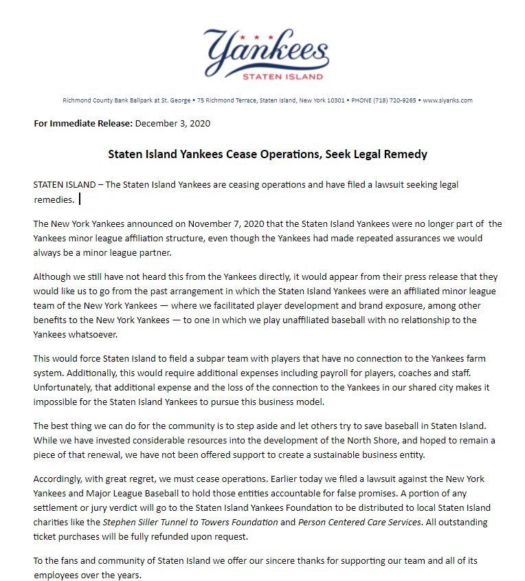 Staten Island Yankees cease operations, sue New York Yankees and MLB