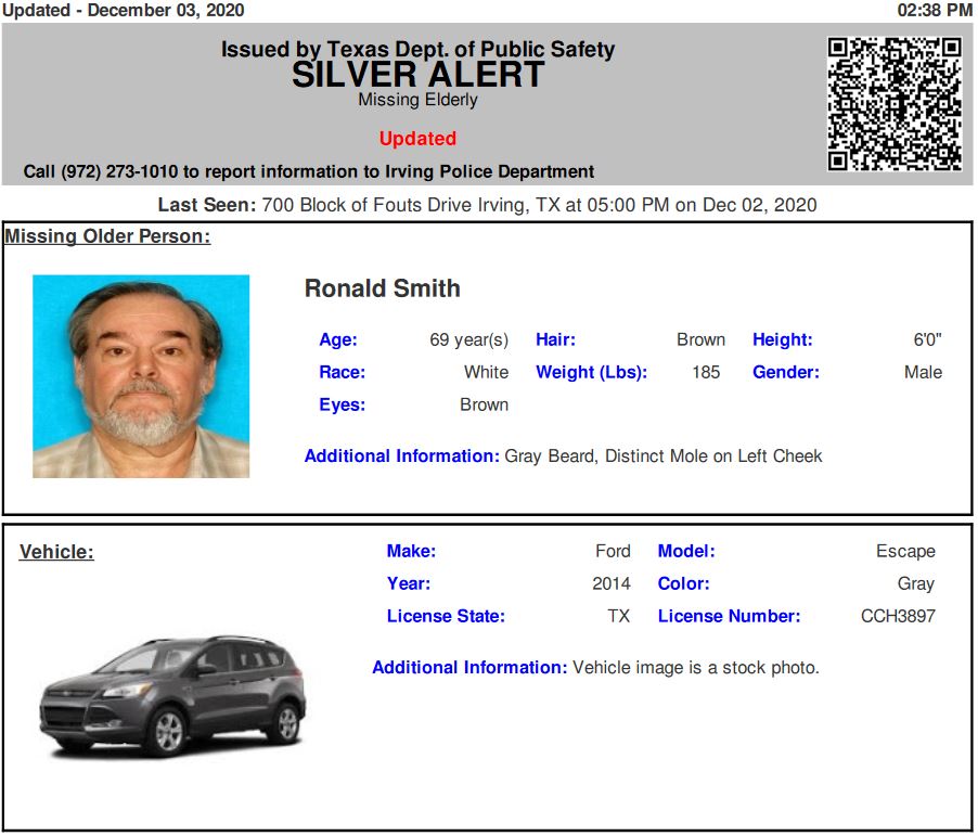 TX_Alerts's tweet photo. UPDATE: ACTIVE SILVER ALERT for Ronald Smith from Irving, TX, on 12/03/2020, TX plate CCH3897 https://t.co/nfQ2AkaLBh