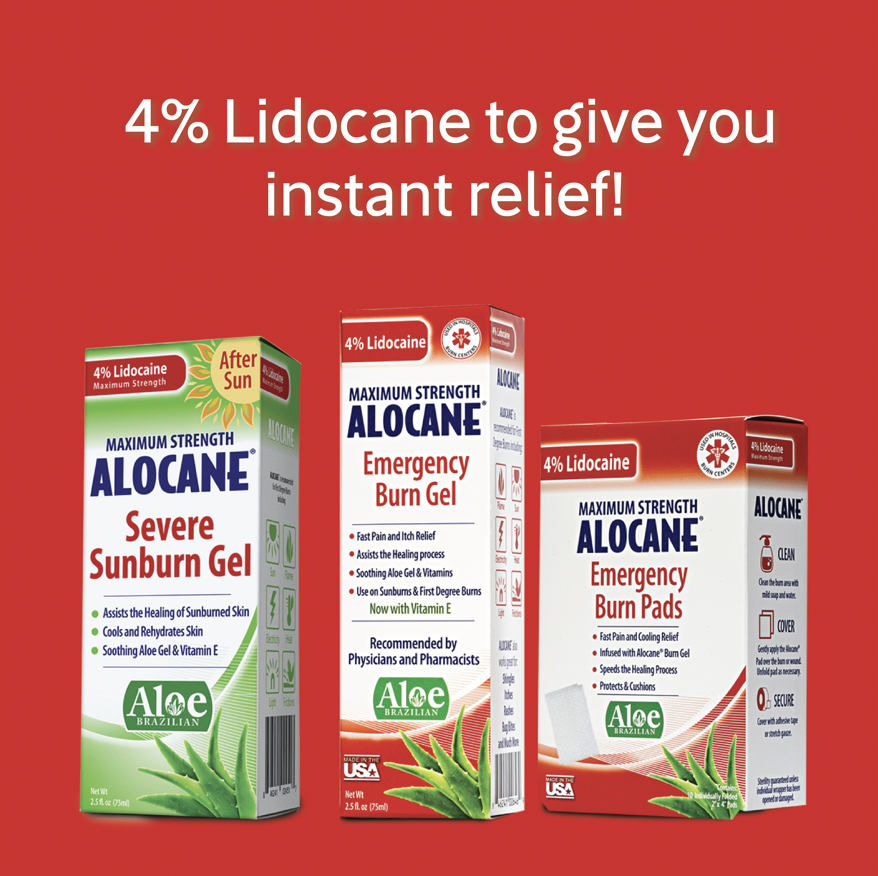 AlocaneGel's tweet photo. Lidocaine gives instant relief to your burn. Alocane® uses 4% lidocaine, the maximum strength allowed by the FDA, to halt burn pain right away. Shop online and learn more about our key product ingredients at https://t.co/RvIzN4wxFe. Free shipping on orders of $50+! https://t.co/r0tWhWI6Ef