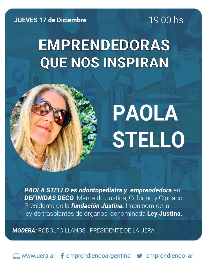 Para cerrar el año: Paola Stello, impulsora de la Ley Justina y emprendedora nos dará una charla que te llegará al corazón: como seguir caminando cuando todo se derrumba. Una Historia de dolor y resistencia.  Jueves 17/12 - 19 hs. eventbrite.com.ar/e/paolla-stell…
