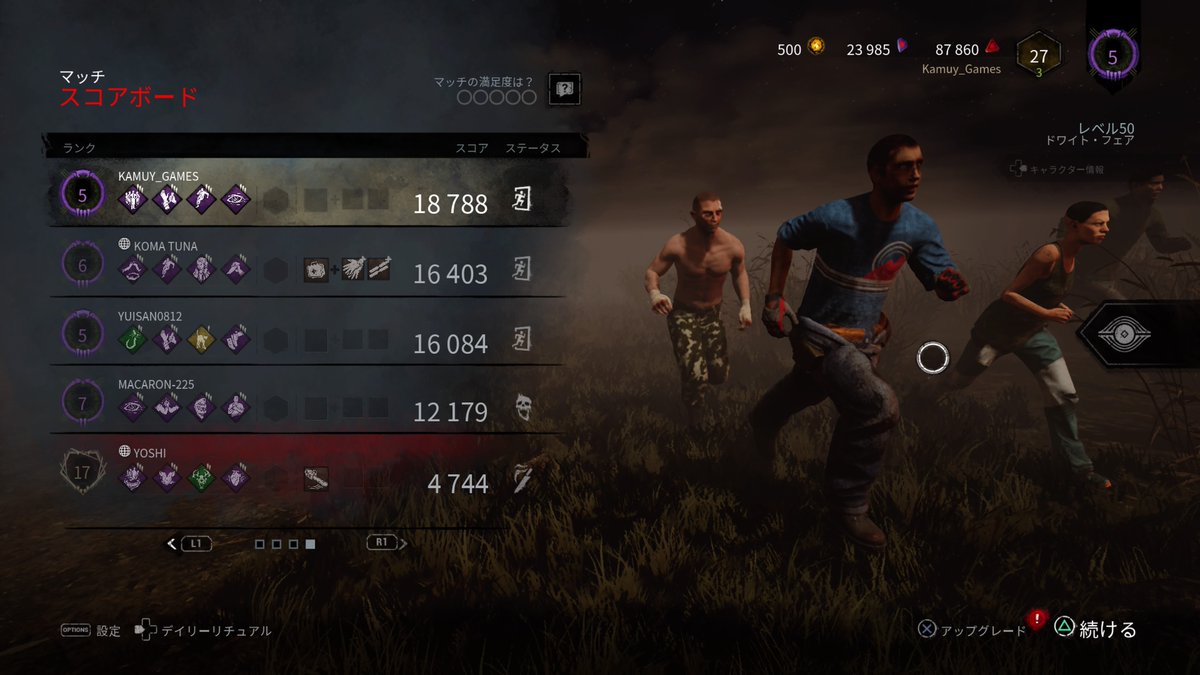 カムイ A Twitteren 今回は何が発生するのかお楽しみ レベルのアプデ後のバグ祭り 脱出リザルト画面で毎回メンバーが坊主になってしまうのは何故なのかw Dbd Dbdバグ Ps4share