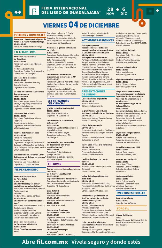 Comparto las actividades programadas en <a href="/FILGuadalajara/">FIL Guadalajara</a> para mañana, viernes 4 de diciembre.