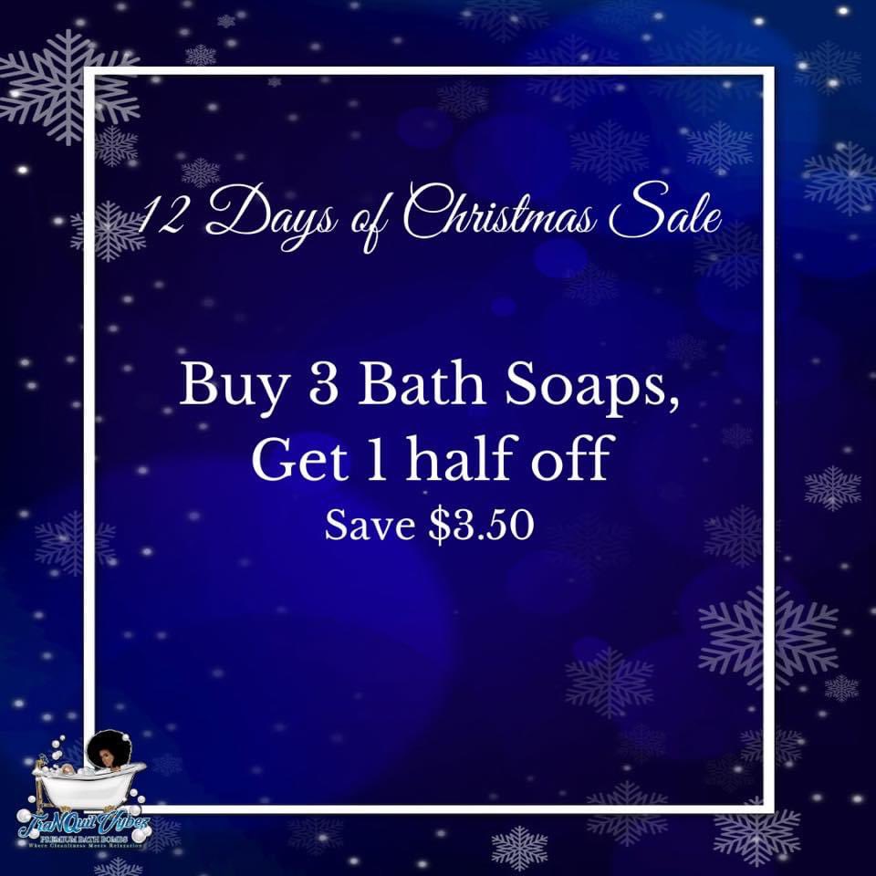 TranquilVybez's tweet photo. Day 3: BUY 3 BATH SOAPS, GET 1 HALF OFF!!
🎄#12DaysOfChristmas 🎄Sale
12/1-12/12
https://t.co/BjucjXjUdM #bathbombs #bathsoap #bodylotion #bathslushy #bathsets #giftcards 🎁 https://t.co/SuvkjujrT3