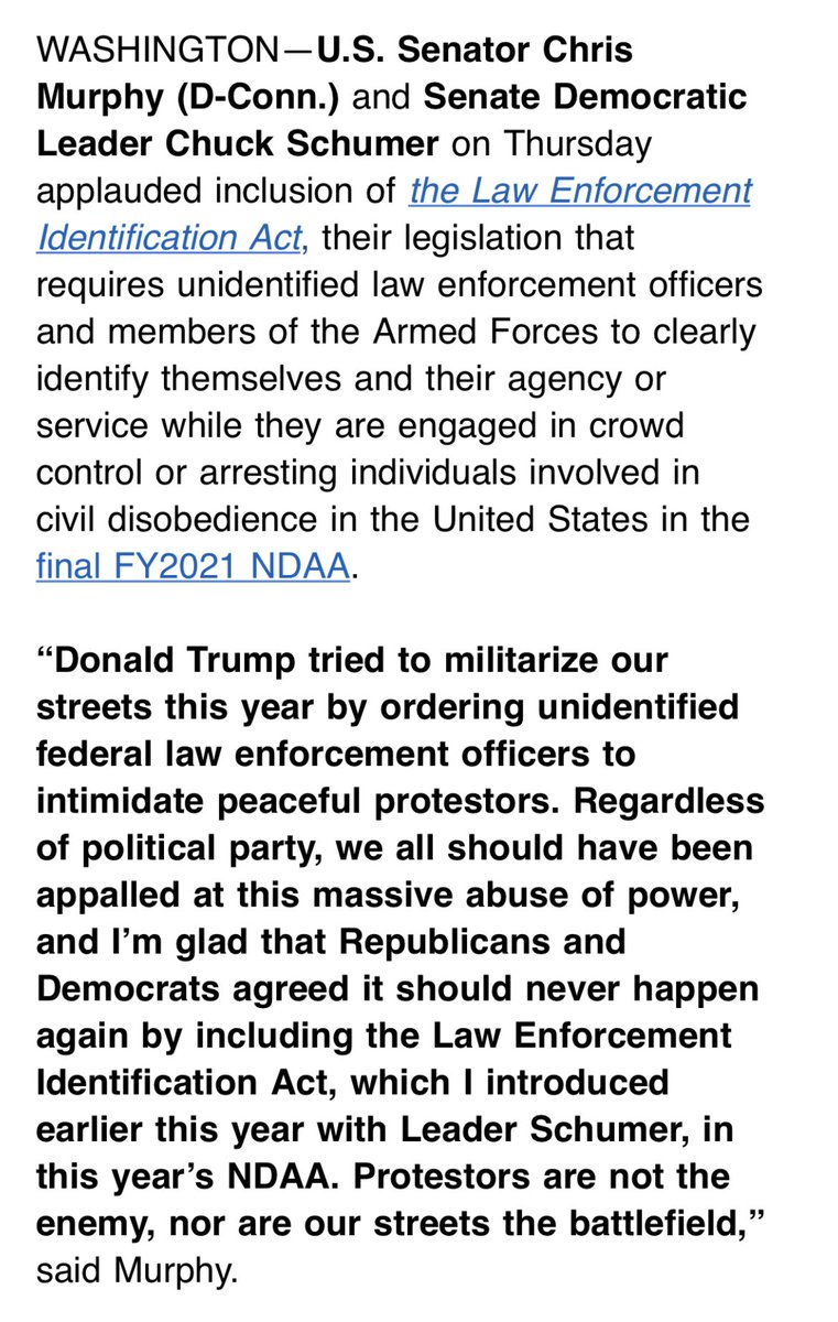 A mini-thread on what happens in Congress. I got a press release today from Sen. Schumer’s office heralding the inclusion of  @ChrisMurphyCT’s “Law Enforcement Identification Act” in the NDAA. A good thing! Generously, the email included links to the relevant language...