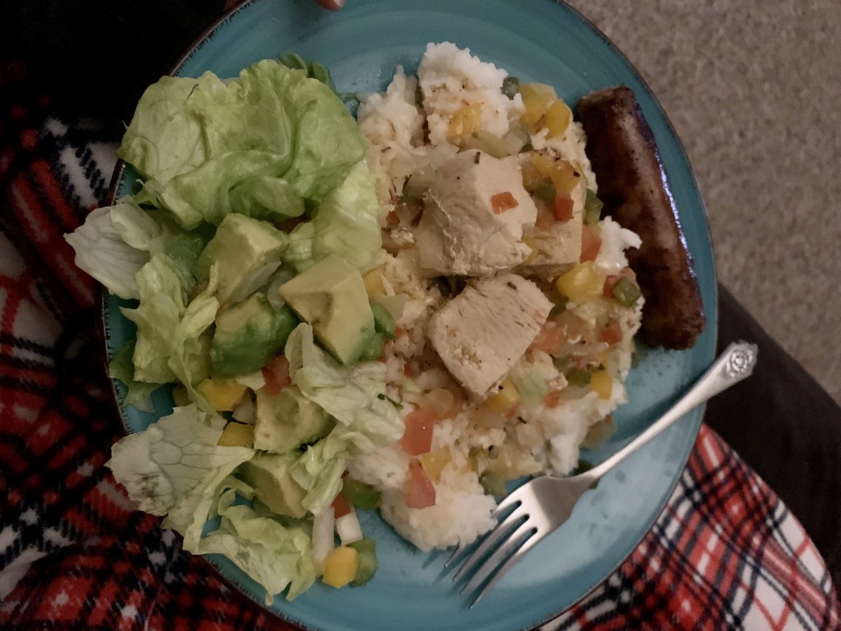 But tonight, I am reminded why I don’t want to be in a hospital & why I can’t heal in a hospital. I hadn’t eaten all day & was laying in bed when my partner brought me this plate of food.ID: a plate full with salad, rice, chicken, and sausage.