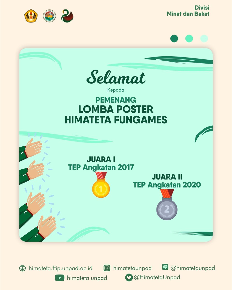 [HIMATETA FUNGAMES]

Selamat yaa kepada para pemenang "Lomba Poster" Himateta Fungames 🥳
Tetap Produktif &amp; Kreatif, dan Tetap Semangat kang teh😊

Divisi Minat dan Bakat
Himateta Unpad
Kabinet Sahitya Wiradharma