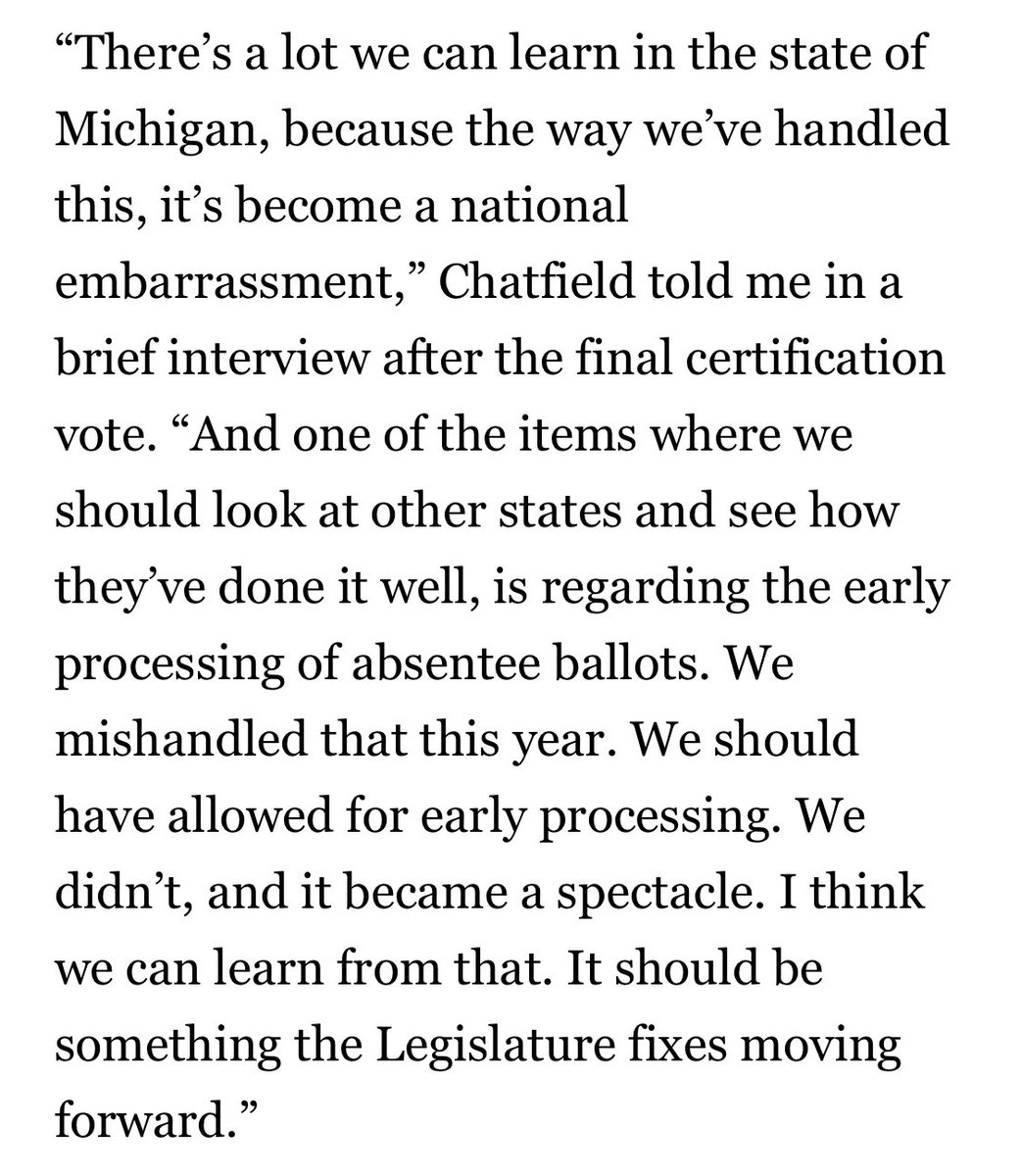 Some credit goes to Lee Chatfield, the Republican House speaker in Michigan, who refused to allow pre-processing—and now admits that was a mistake.Will Republican leaders in other states follow suit? Hopefully. But I fear a tremendous amount of damage is already done.