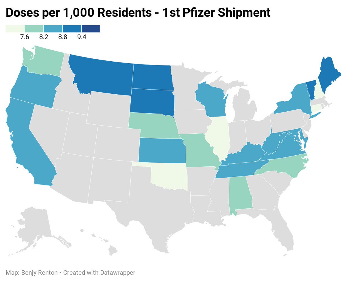 Appendix: Apologies for not including maps per capita. Here are doses per 1,000 residents for the first Pfizer shipment and through December.Mean for 1st Pfizer: 7.97 doses/1,000Mean for December: 19.39 doses/1,000