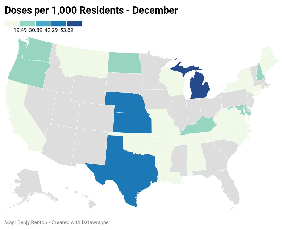 Appendix: Apologies for not including maps per capita. Here are doses per 1,000 residents for the first Pfizer shipment and through December.Mean for 1st Pfizer: 7.97 doses/1,000Mean for December: 19.39 doses/1,000