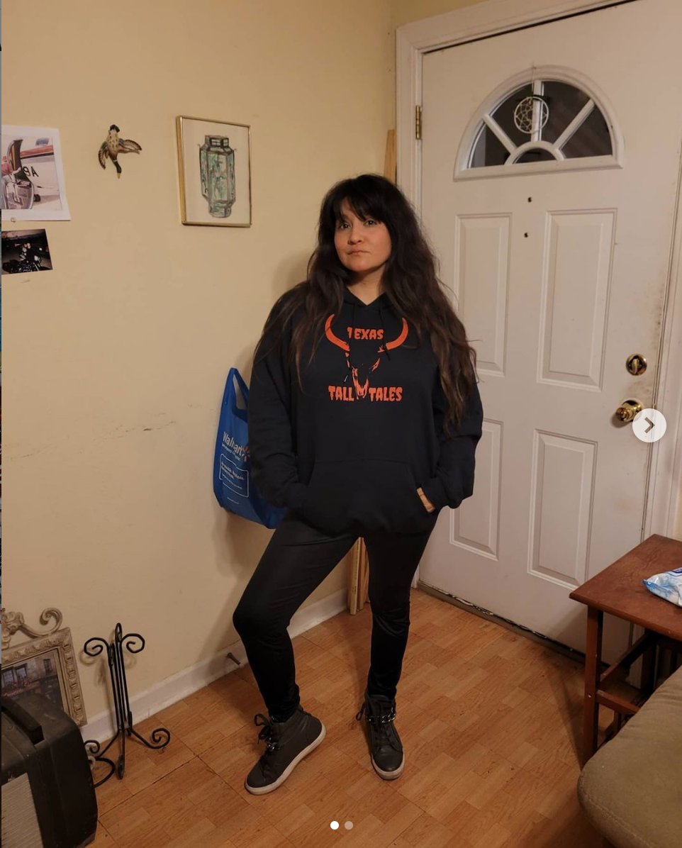 Texas_Tall_Tale's tweet photo. @destinysoria1, who killed it playing Lily in TTT, rocking out with the Texas Tall Tall hoodie! Stay warm while making your film, #ChristmasSlasher

Get yours here, check out the film while you're at it: https://t.co/Jj15TQQOdh https://t.co/ekm45CzlYg