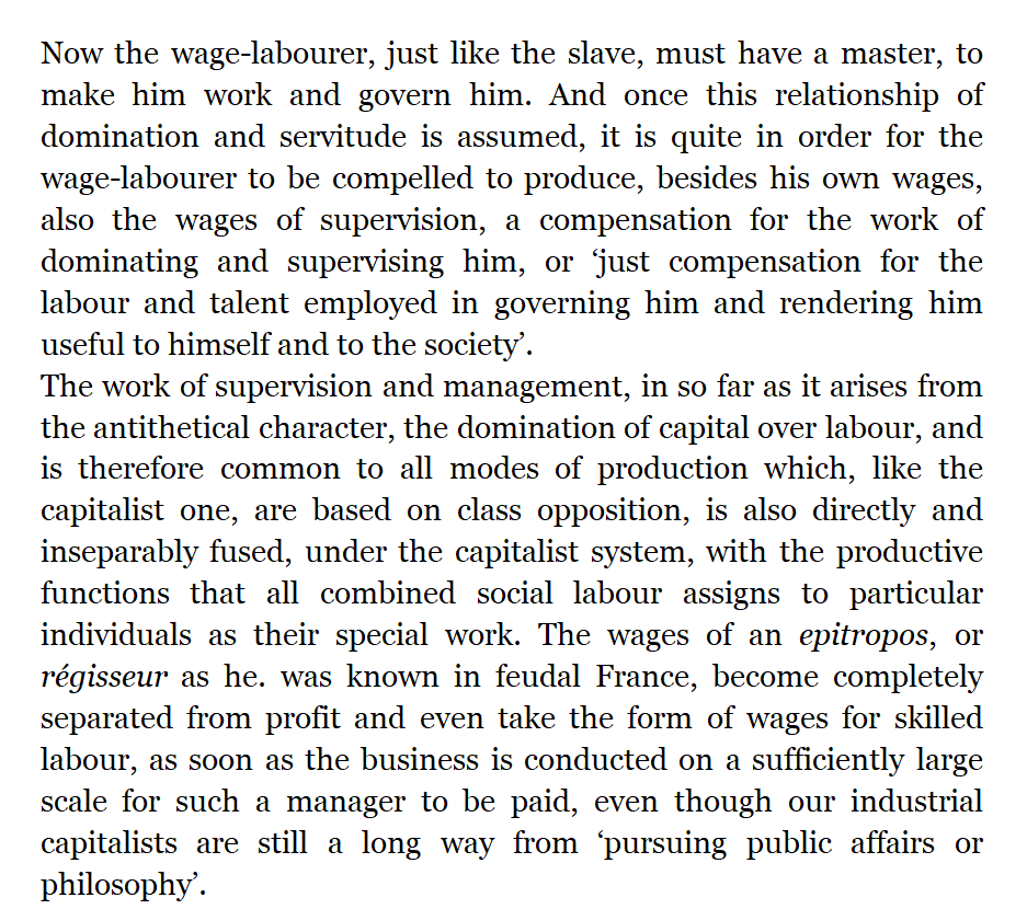 however because Marx is ultimately making this observation in relation to capitalism & thus the wage-laborer, he describes this as a problem of management and supervision that arises from the relations of production. for Marx, this is nothing more than a tool to justify slavery.