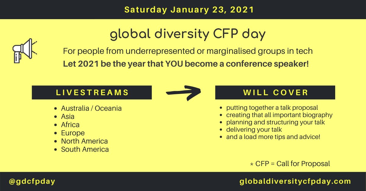 frathgeber's tweet image. Are you a member of an underrepresented group? Always wanted to become a #tech #conference #speaker? Let 2021 be the year to make it happen!
Global Diversity CFP Day on 23 Jan 2021 will be 100% online and FREE!
Sign up: globaldiversitycfpday.com
#gdcfpday #gdcfpday2021 @gdcfpday