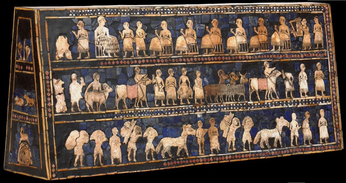 12. Standard of UrThis is the first object that used more than one materialThe lapis lazuli came from Afghanistan, the red marble from India, and the shells from the Persian Gulf
