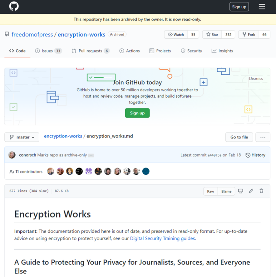 Michael Adams's  https://twitter.com/mla1396&nbsp; Bio at separate timepoints provided links to a  @FreedomofPress Foundation github encryption post by Conor Schaefer and an Anonymous affiliated CyberGuerrilla site regarding OS anonymity.  https://github.com/freedomofpress/encryption-works/blob/master/encryption_works.md  https://web.archive.org/web/20170216181558/https://anonguide.cyberguerrilla.org/