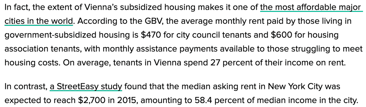 How do they do it?One-third of all new apartments constructed every year in the city are funded by the government & commissioned by non-profit housing associations, funded by a mix of income & corporate taxes.The result? Just compare the rents in Vienna to those in NYC: (3/8)