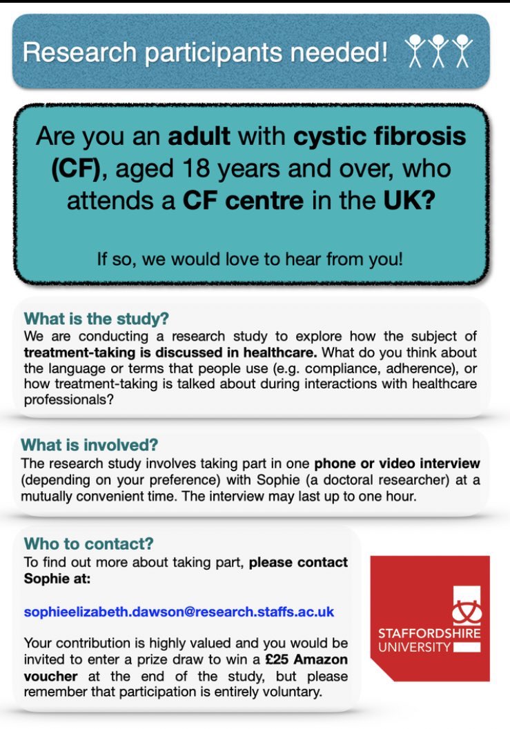 sophie_doph's tweet photo. Are you an adult with #cysticfibrosis who attends a UK CF centre? I’m looking for a few more participants for my doctoral research study on how treatment-taking is discussed in healthcare! Please RT, & DM or email me for more info - I’d love to hear from you! 😀🙏 #CFers @cftrust https://t.co/JdPIJZjY1C