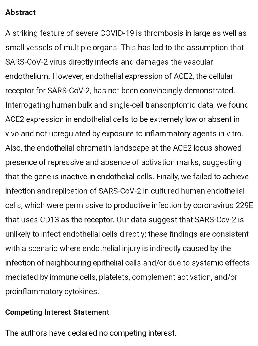 More evidence that endothelial cells are not directly vulnerable to infection by SARS-CoV-2.Endothelial dysfunction in COVID-19 is entirely indirect.  https://twitter.com/covidblogger/status/1334618663102476289