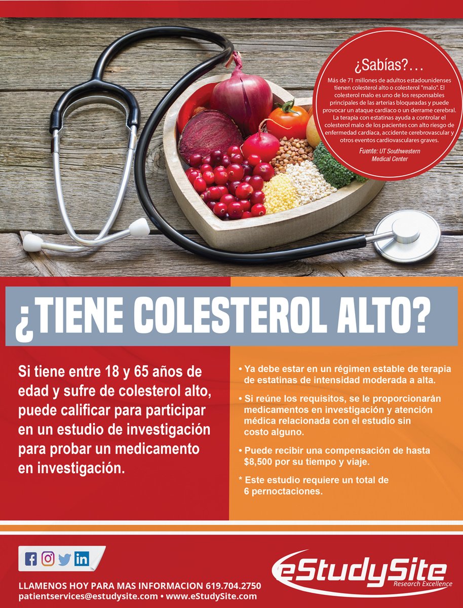 eStudySite's tweet photo. ¿TIENE COLESTEROL ALTO?

Puede recibir una compensación de hasta $8,500 por su tiempo y viaje.

Si tiene entre 18 y 65 años de dad y sufre de colesterol alto, puede calificar para participar en un estudio de investigación para probar un medicamento en investigación https://t.co/bCcjwrlaWJ