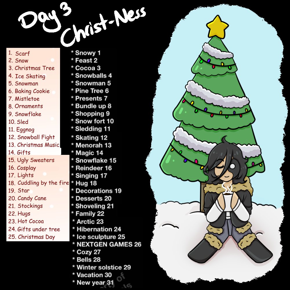 _Darkness65_'s tweet photo. Day 3! Ness I just enjoying some hot chocolate by a Christmas tree! They're having a nice day.
#art #digitalart #darknessart #sketchmas #christness #OC https://t.co/NamfYQ7Fbq