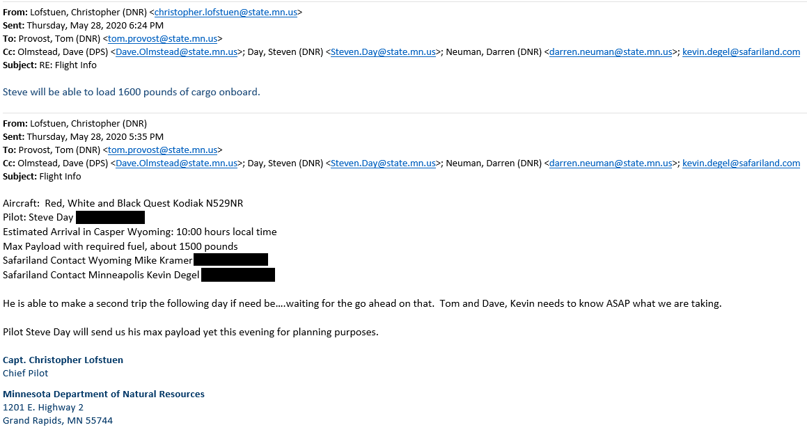 Emails referencing “1600 pounds of cargo” were sent on May 28, the third straight day of  #GeorgeFloyd protests in Minnesota.Minneapolis Safariland distributor Kevin Degel and DNR Forestry Pilot Steven Day coordinated rush deliveries of tear gas and other munitions to MN police.