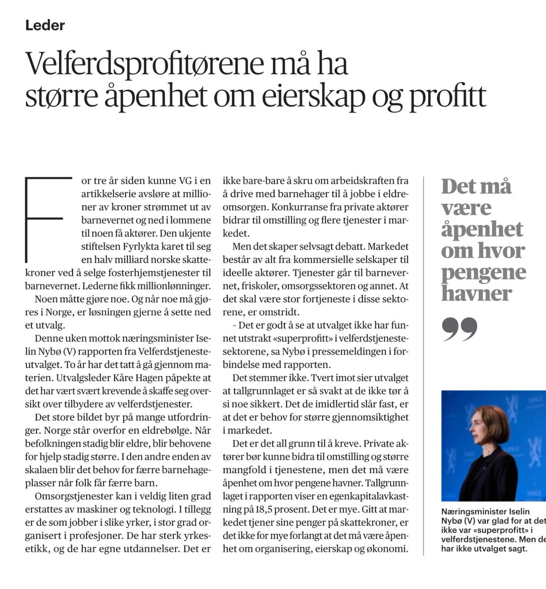 kristinclemet's tweet image. Tendensiøst, unyansert og skuffende av Aftenposten.