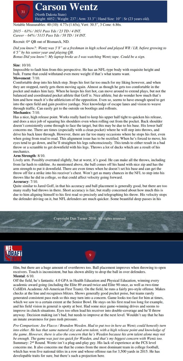 Found my  #NFLDraft evaluation of Wentz, which I think still rings true now. Way too many people glossed over the flaws in his lower-body mechanics, which is a really tough thing to unlearn. I'll concede however that maybe my Brandon Weeden projection was harsh