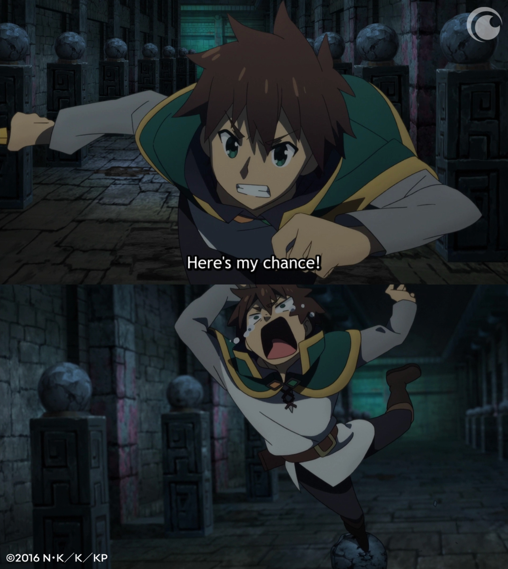 Konosuba on X: Kazuma tripped over a rock, but he was still able to help  Darkness in battle. 😆  / X