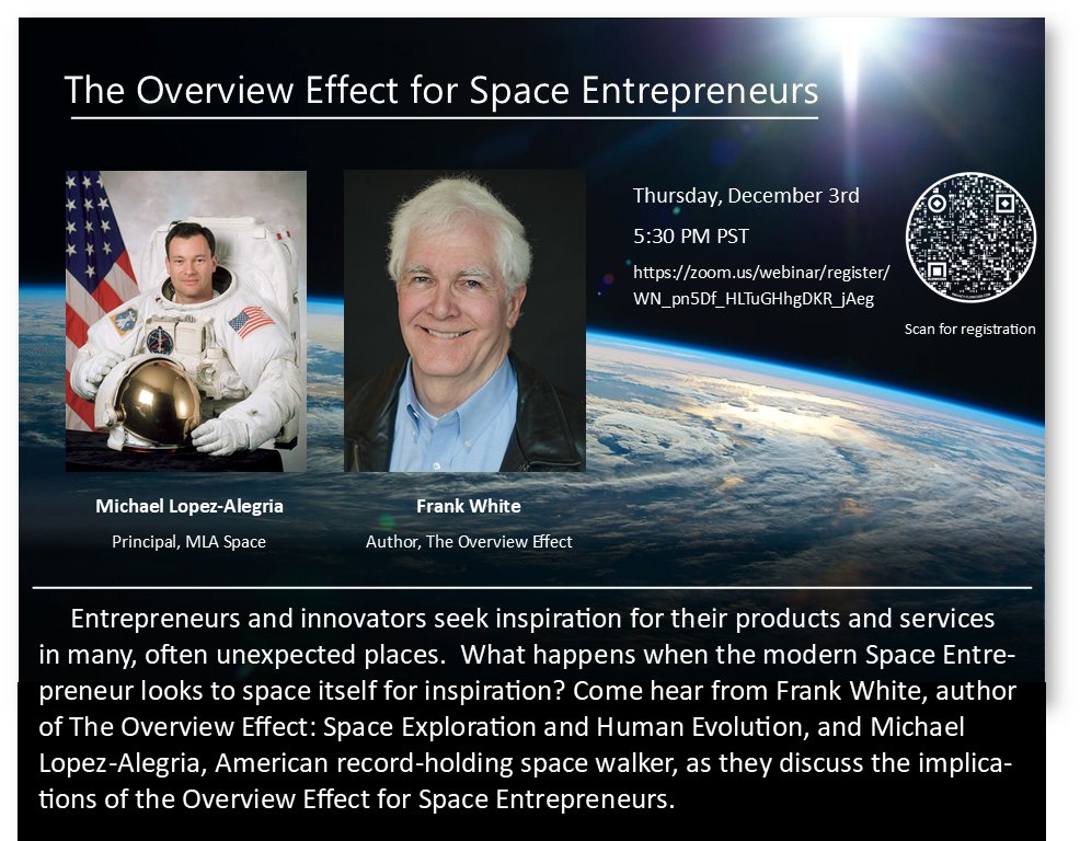 CommanderMLA's tweet image. Tune in tonight at 5:30 (PST) to join me and @fwhite66 as we discuss #TheOverviewEffect and Space Entrepreneurship. 
*Click on the link to register*
zoom.us/webinar/regist…