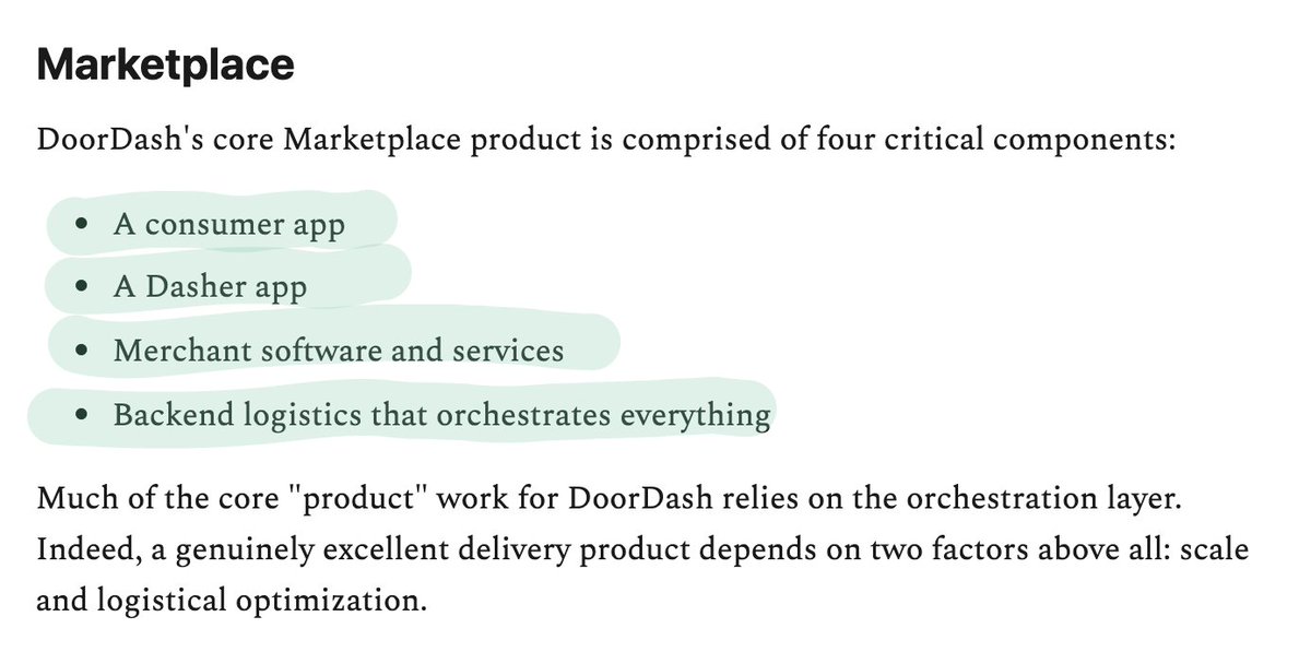 12Core product. The core product is food delivery. Of course. This entails: - A consumer app- A Dasher app- Merchant software and services- Backend logistics The logistics are what matter most. Without an efficient backend, DoorDash couldn't deliver a good experience.