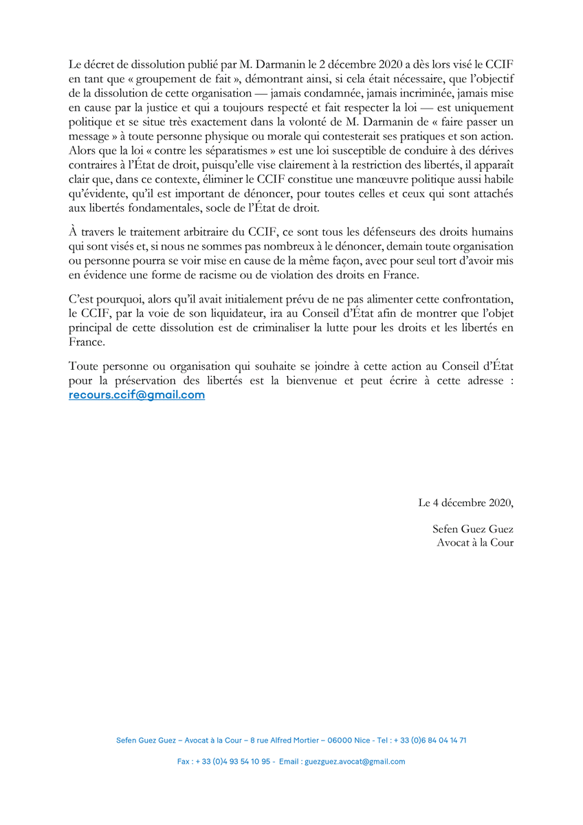 🔴[COMMUNIQUE DU CCIF] Le CCIF ira au Conseil d'Etat pour contester sa dissolution politique. Merci de RT.