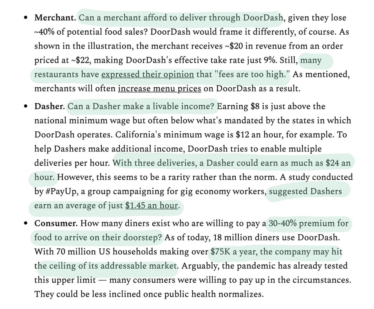 14Business model.  $DASH makes money from consumer fees, and merchant commissions. An example: - Consumer pays: ~$33- Merchant gets: ~$20 (61% of total) - Dasher gets: ~$8 (24%)- DoorDash gets: ~$5 (15%) Merchants give up ~40% on orders through the platform.