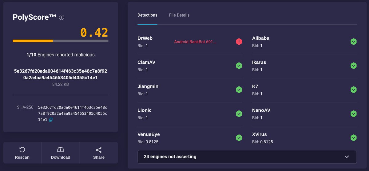 PolySwarm's tweet image. One of our latest #EventBot samples (v0.4.9.45) first seen in the PolySwarm marketplace before any other engine aggregator. At the time of posting there is one of ten engines reporting as malicious.
polyswarm.network/scan/results/f…