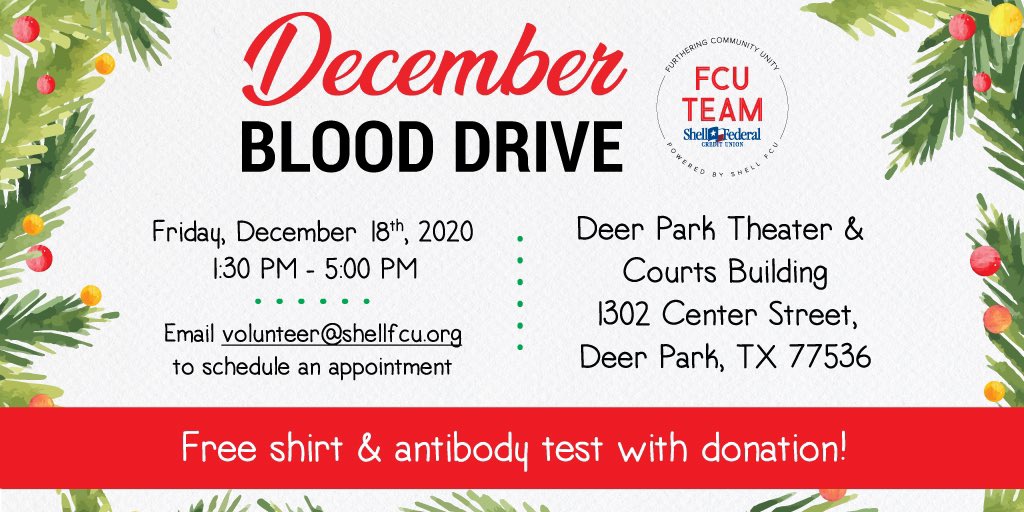 FCUTeam's tweet image. Sign up now for our #December blood drive!🎅🏽

🗓 Friday, December 18th, 2020
📍 1302 Center Street, Deer Park, TX 77536