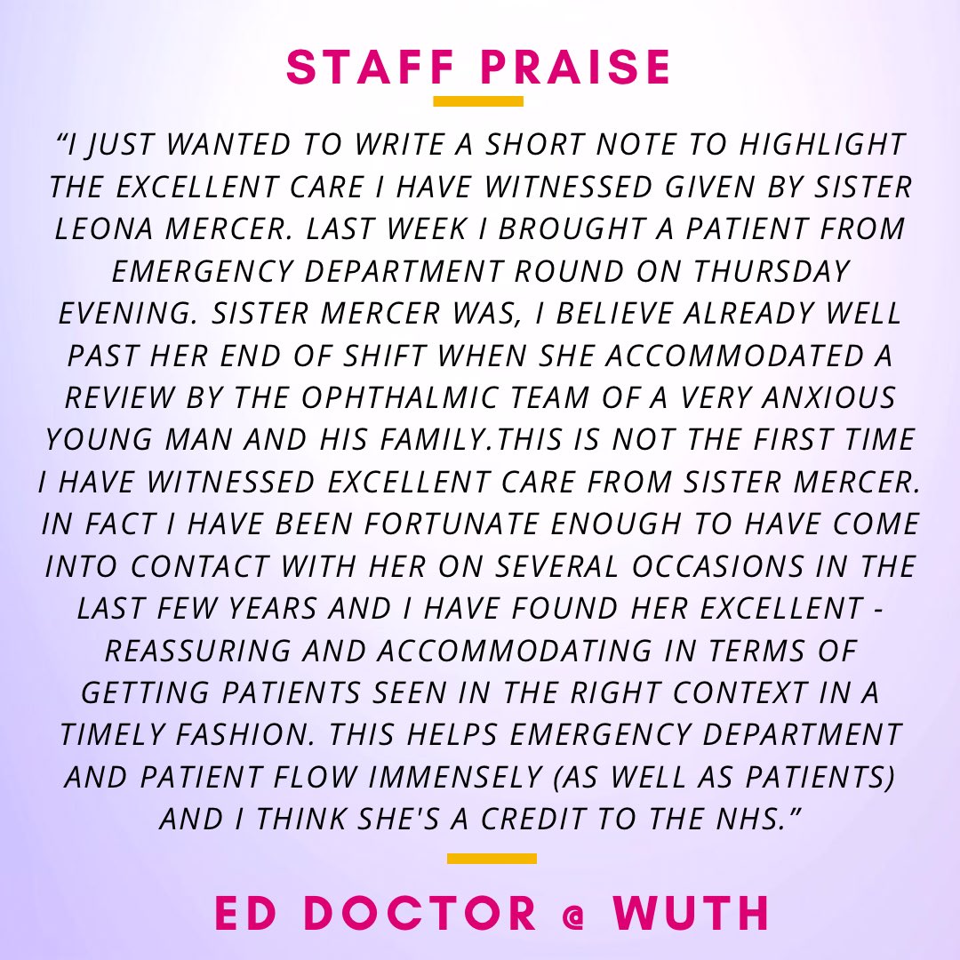 Some lovely feedback from a college in @EDWUTH1 regarding Sister Mercer in the Eye Department. 

We always love to hear staff feedback! Well done Sr. Mercer for all you do for your patients and staff in Ophthalmology.