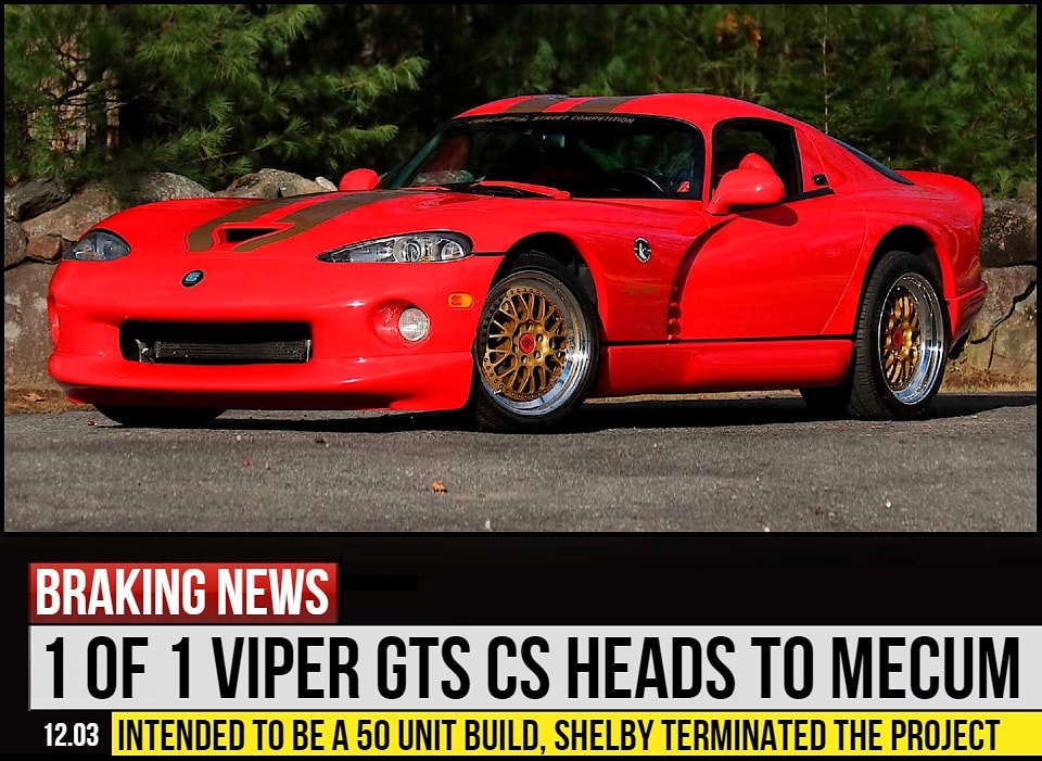 The 1 and only #Viper GTS CS is up for grabs. A project by Carroll Shelby &amp; Dan Fitzgerald intended for 50 units. Due to Shelbys declining health the project was scapped but not before they built this prototype. See her cross the block at <a href="/mecum/">Mecum Auctions</a>'s Kissimmee auction in January.