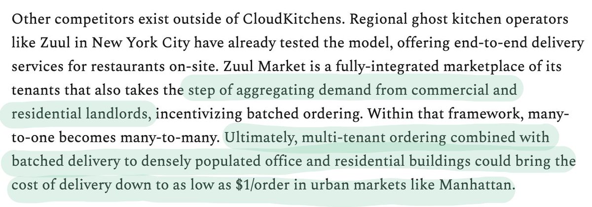 21Ghosts. Businesses like Uber Eats are the more immediate threat, ghost kitchens represent a long term concern. Co.'s like TK's CloudKitchens change the delivery model. Instead of one-to-one (restaurant-to-customer), ghost kitchens are many-to-one, or even many-to-many.