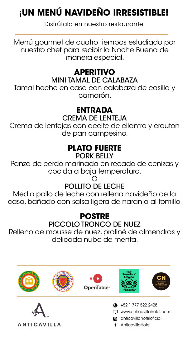 🎄❄️⛄
¡En #navidad , mereces disfrutar una noche elegante y exclusiva, en compañía de un delicioso menú gourmet! #Menú a 4 tiempos seleccionado por nuestro chef. Noche con #música de temporada en vivo.
Atmósfera especial con vista al jardín y atención personalizada. #Cuernavaca