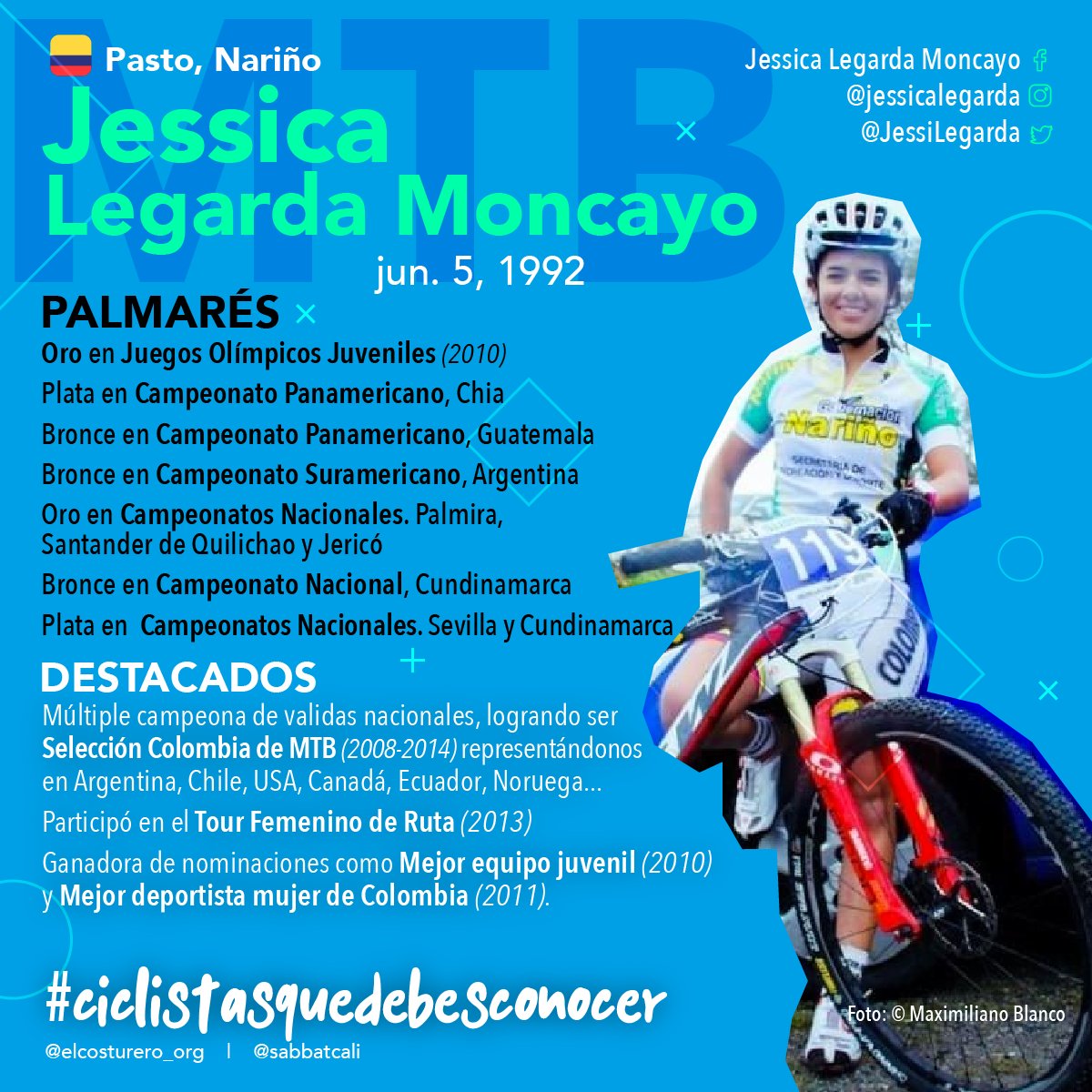 SabbatCali's tweet photo. Ella es @ jessilegarda, ciclista #nariñense 🇨🇴  #MTB 🚲 .
Estrenando Wikipedia 👇#Editatona 
https://t.co/UZsQHdkdRs

#CiclistasQueDebesConocer, campaña de @bicicosturera y @SabbatCali. Realizada por Adriana Cabrera Velásquez, Nili Betancur Posada y @Wilch3a.
Cc @SportivaLatina https://t.co/i5PMVTJqrb