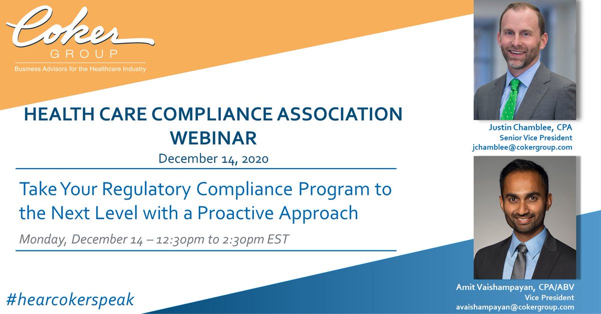💻 Webinar for <a href="/theHCCA/">Health Care Compliance Association (HCCA)®</a>!

Attendees will learn about certain best practices inherent in industry-leading #HealthareCompliance programs, and specifically how these programs impact key organizational stakeholders.

Register here ➡️ ow.ly/XFF650CzVoF

#HearCokerSpeak